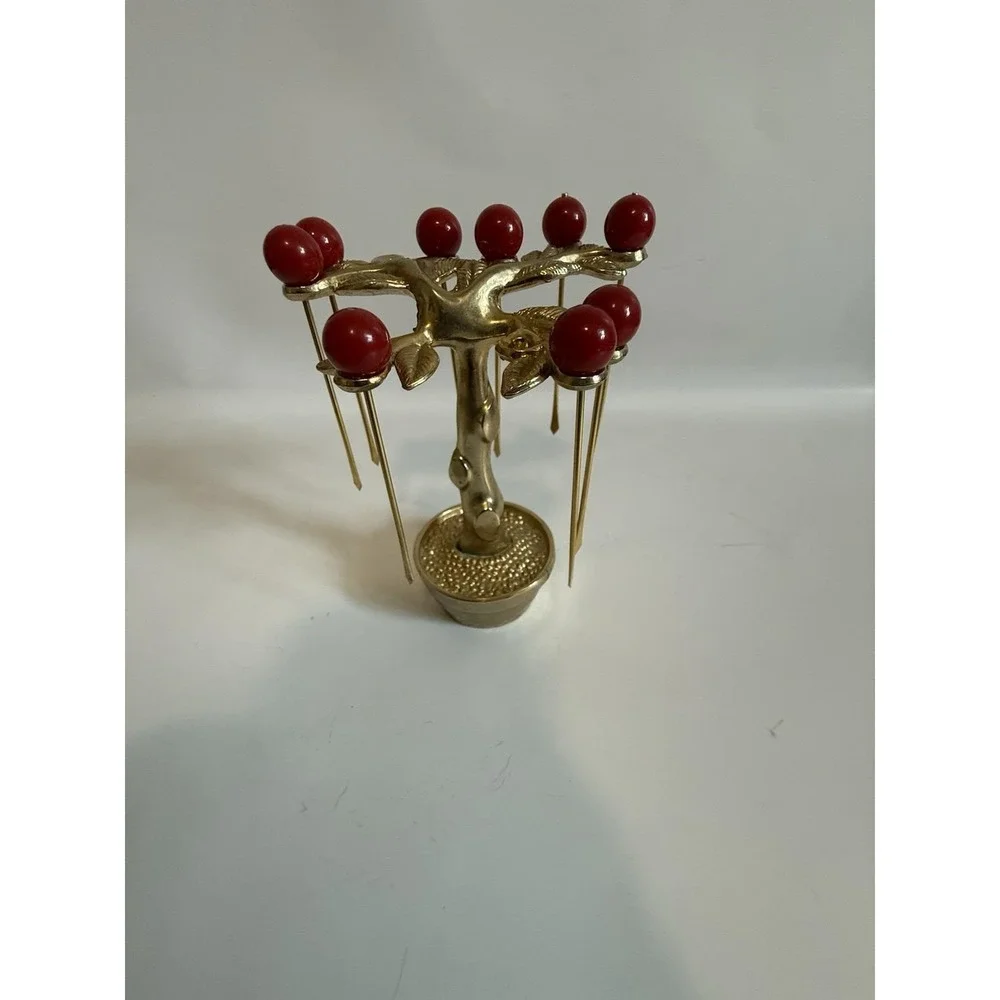 RARE MID CENTURY MODERN CHERRY TREE GOLD PLATED COCKTAIL PICKS SET BAKELITE